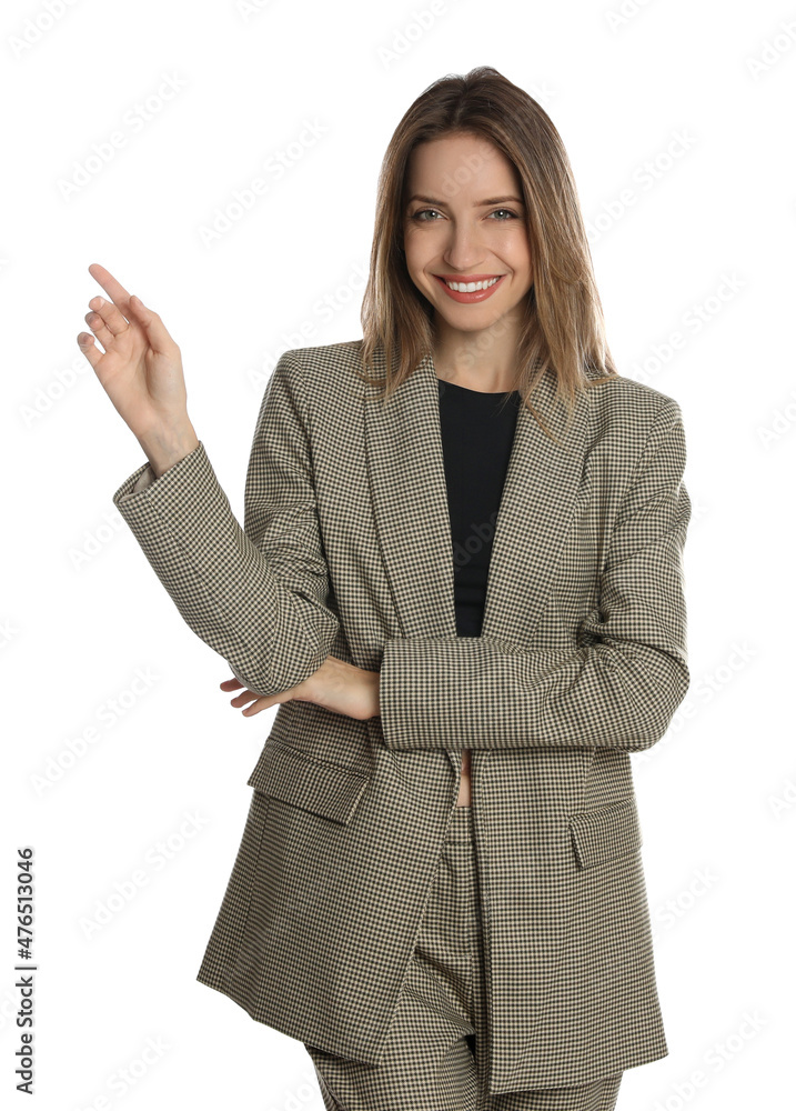 Portrait of beautiful young woman in fashionable suit on white background. Business attire Portrait of beautiful young woman in fashionable suit on white background. Business attire