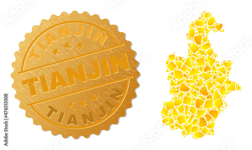 Golden collage of yellow elements for Tianjin City map, and gold metallic Tianjin seal. Tianjin City map collage is done of randomized gold spots.
