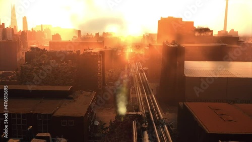 Burning city catastrophe animation. Aftermath of a war with building in fire. Abandoned and dead city after war. Human extinction photo