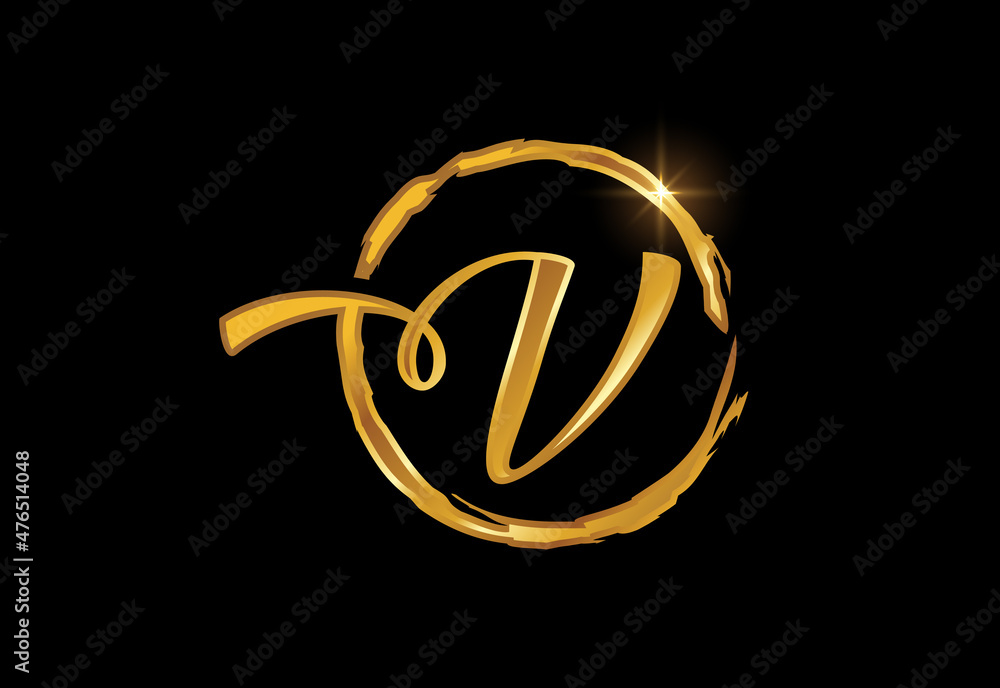 Obraz premium Golden color V hand-drawn letter in a brush circle on black background