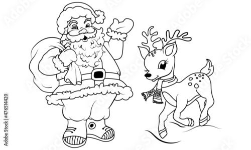 Santa with reindeer landscape coloring