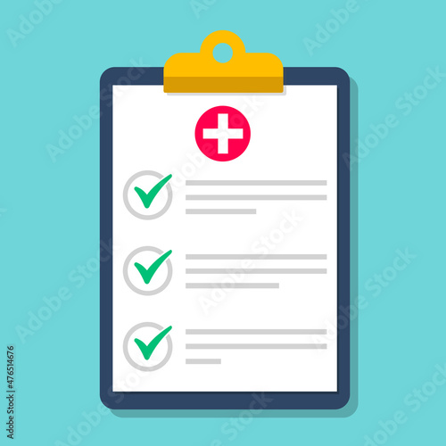 Medical report. Medical clipboard icon. First aid, diagnostic. Flat design vector illustration.