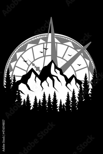 Mountain with compass vector illustration