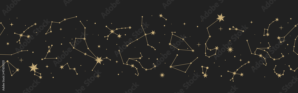 Magic seamless vector border with constellations and stars. Gold decorative ornament. Graphic pattern for astrology, esoteric, tarot, mystic and magic. Luxury elegant design. - obrazy, fototapety, plakaty 