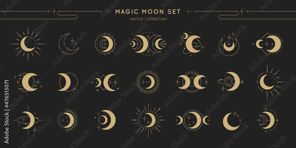 Magic moon set. Vector lunar collection with moons, stars, sunbursts. Graphic elements for astrology, esoteric, tarot, mystic and magic prints, posters, banners, pattern or backgrounds. - obrazy, fototapety, plakaty 