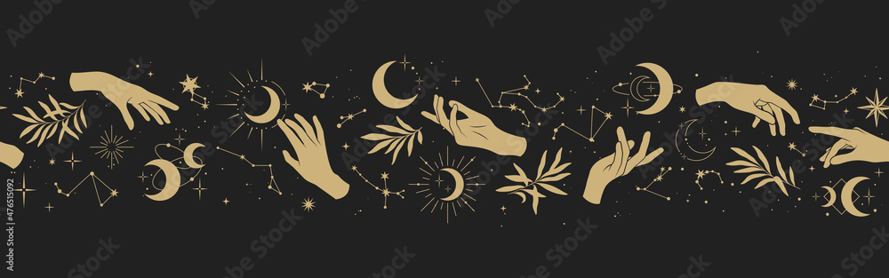 Magic seamless vector border with hands, olive leaves, constellations, moons and stars. Gold decorative ornament. Graphic pattern for astrology, esoteric, tarot, mystic, magic. Luxury elegant design. - obrazy, fototapety, plakaty 