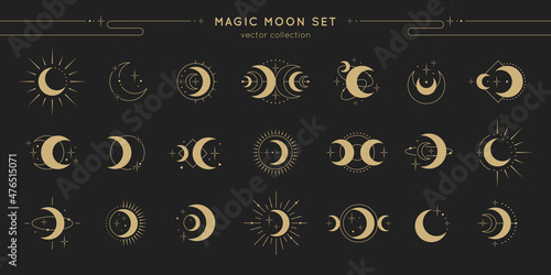 Magic moon set. Vector lunar collection with moons, stars, sunbursts. Graphic elements for astrology, esoteric, tarot, mystic and magic prints, posters, banners, pattern or backgrounds.