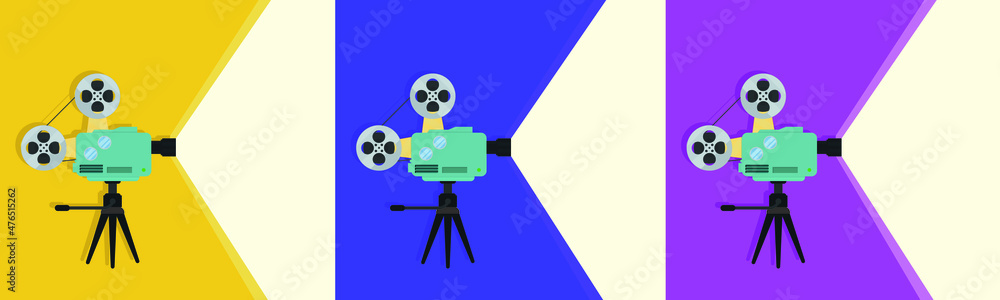 Obraz premium Detailed retro movie projector with reels. Cinema background. Vector