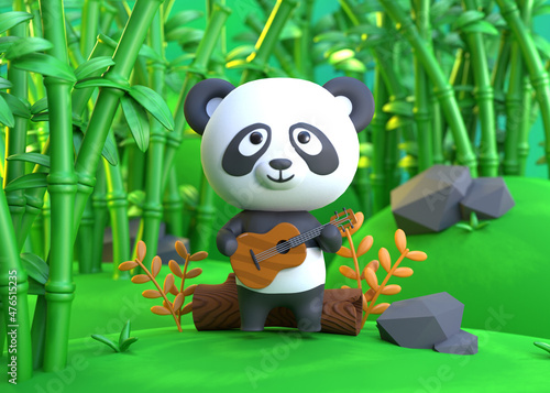 Fototapeta Naklejka Na Ścianę i Meble -  3D Rendering of a panda playing guitar while sitting on a tree trunk in the middle of a bamboo forest illustration