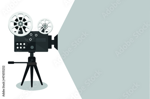 Detailed retro movie projector with reels. Cinema background. Vector