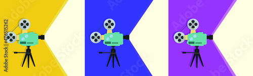 Detailed retro movie projector with reels. Cinema background. Vector