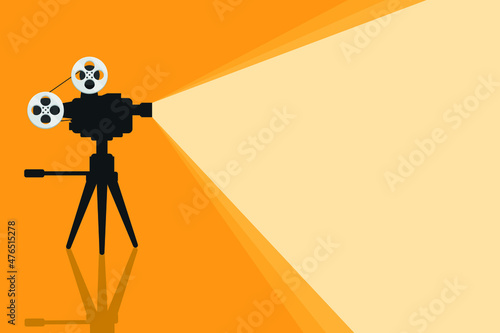 Detailed retro movie projector with reels. Cinema background. Vector