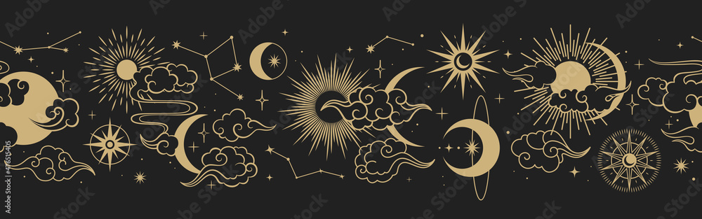 Magic seamless vector border with moons, clouds, stars and suns. Chinese gold decorative ornament. Graphic pattern for astrology, esoteric, tarot, mystic and magic. - obrazy, fototapety, plakaty 