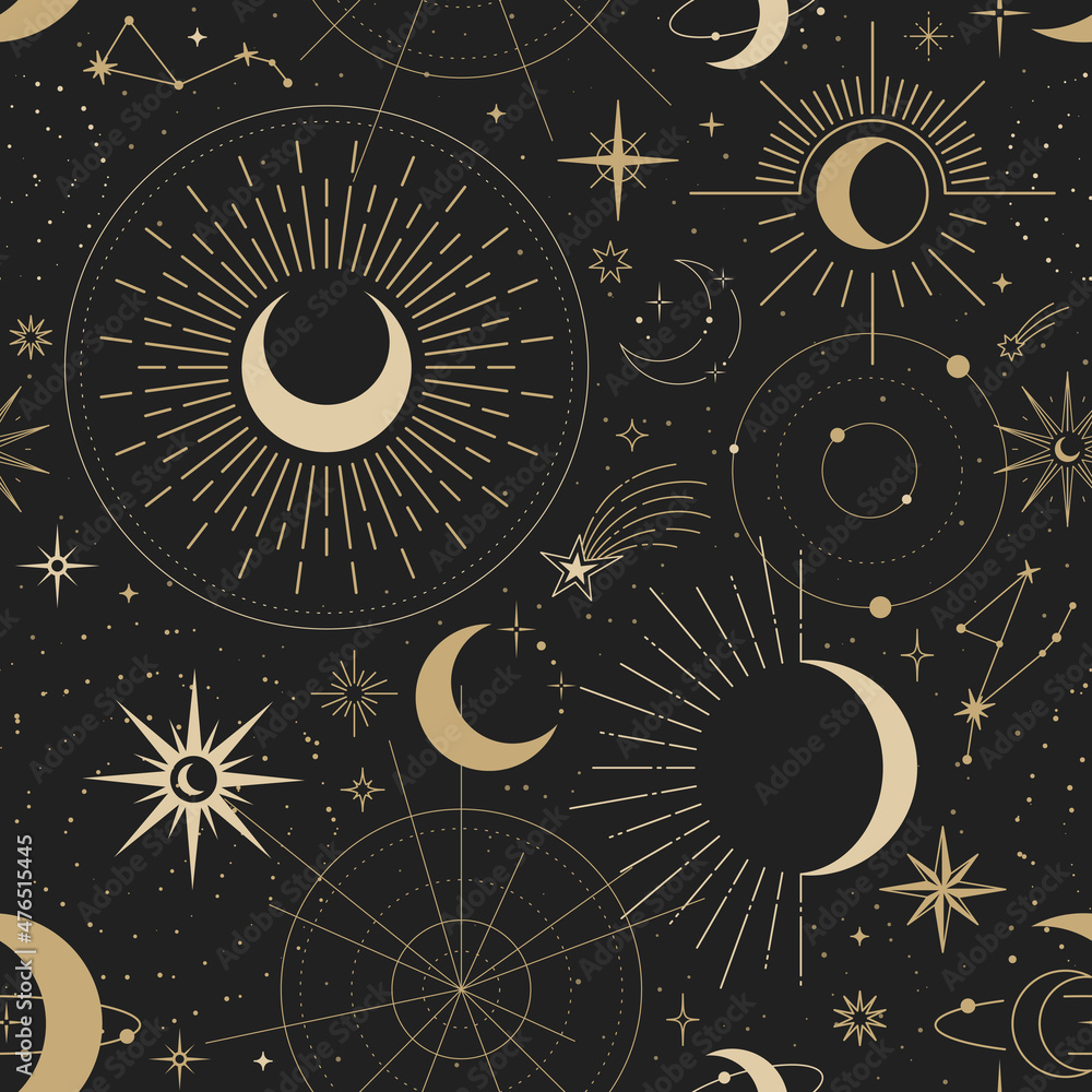 Magic seamless vector pattern with sun, constellations, moons and stars. Gold decorative ornament. Graphic pattern for astrology, esoteric, tarot, mystic and magic. Luxury elegant design.