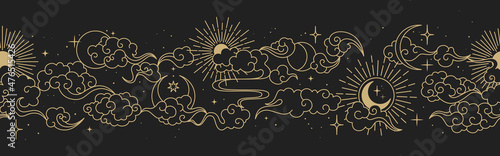 Obraz na płótnie Magic seamless vector border with moons, clouds, stars and suns