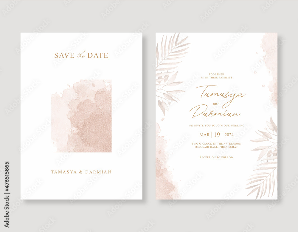 Beautiful wedding invitation template with watercolor leaves and splash