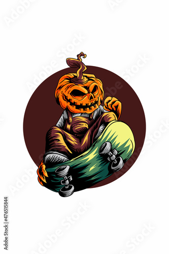 Pumpkin with skateboard vector illustration