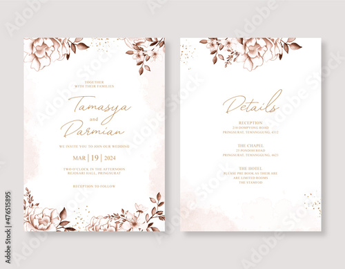 Beautiful wedding invitation template with floral watercolor