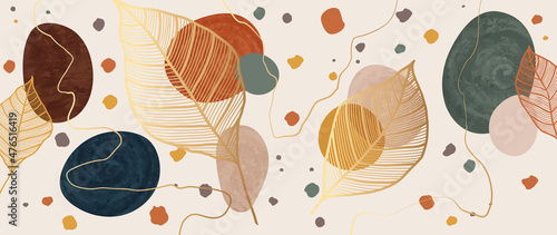 Abstract art botanical background vector. Luxury wallpaper design with women face, leaf, flower and tree  with earth tone watercolor and gold glitter. Minimal Design for text, packaging and prints.