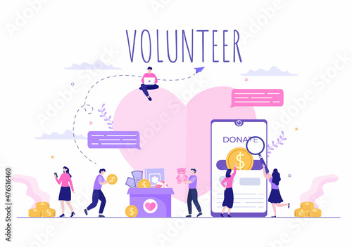 Love Charity or Online Giving Donation via Volunteer Team Worked Together to Help and Collect Donations for Poster or Banner in Flat Design Illustration