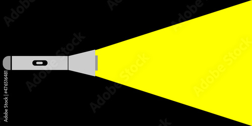 Shining flashlight icon. Electric tool. Modern design. Black background. Line art. Vector illustration. Stock image. 