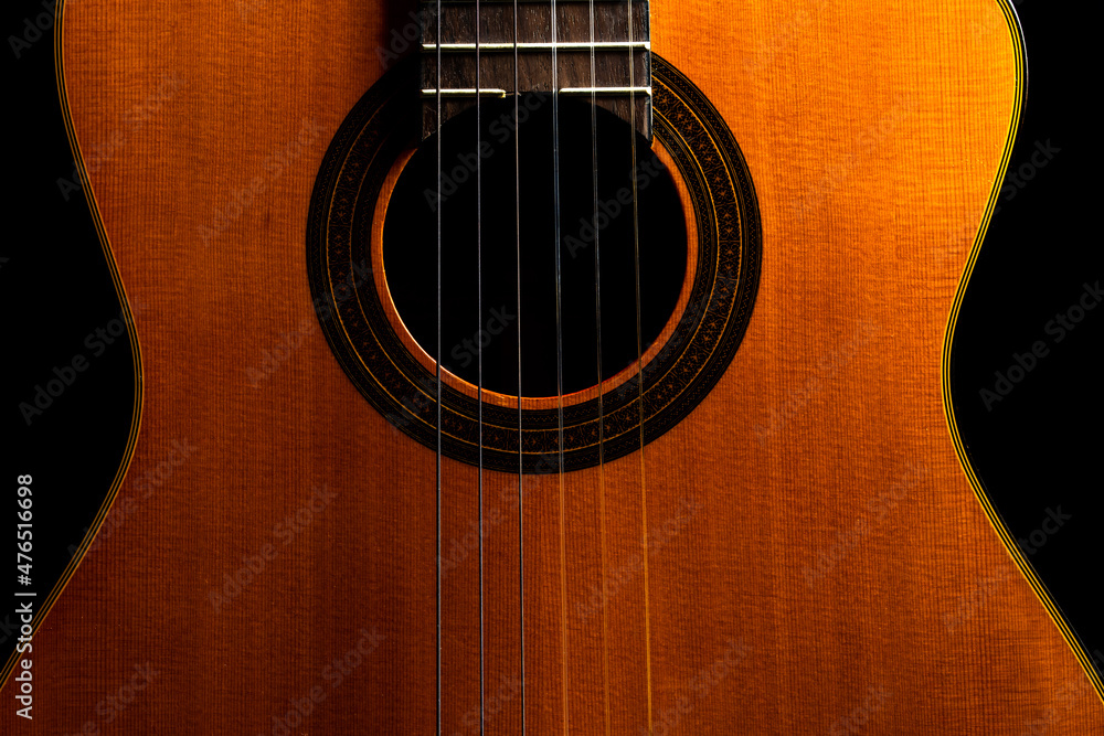 Close-up guitar in black backdrop Close-up guitar in black backdrop