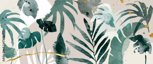 Abstract art gold tropical leaves background vector. Luxury wallpaper with watercolor, tropical leaf framed, palm leaf, flower,Vivid foliage, exotic green and gold brush glitter.
