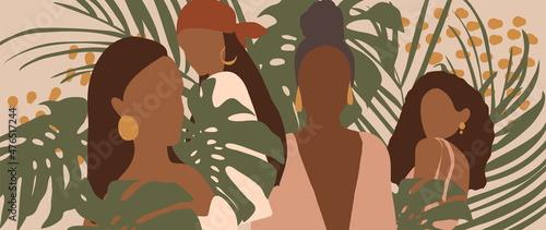 Modern Woman Wall Art,  Abstract Female Print, Earthy Tone Print, Boho Girl Wall Decor, Mid Century wallpaper design with women and tropical leaves.