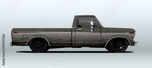 Pickup truck, rat rod. Vector illustration, view from side.
