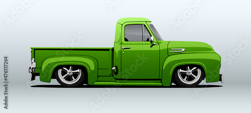 Pickup truck, hot rod. Vector illustration, view from side.