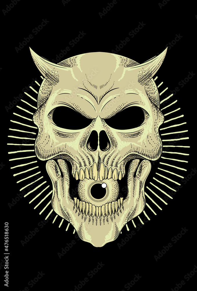 Human skull with devil eats eyes art work illustration Human skull with devil eats eyes art work illustration