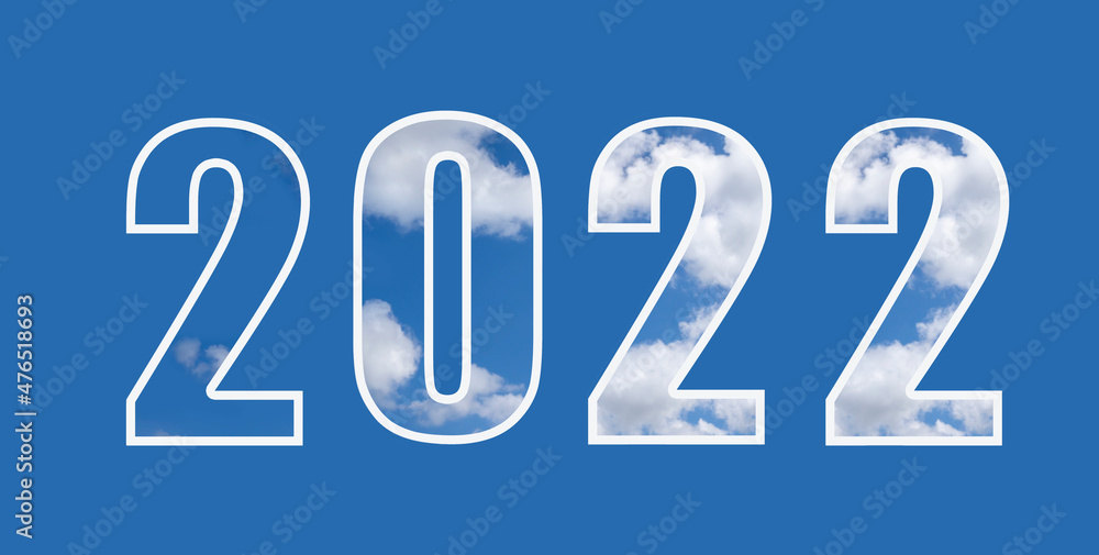 Numbers 2022 with texture of white cloud on an isolated blue background. Concept of welcome to new year Numbers 2022 with texture of white cloud on an isolated blue background. Concept of welcome to new year