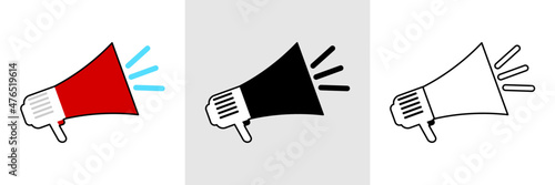 Megaphone icon set. Advertising and announcement symbols. Marker set in color, line and objects format. Vector icon.