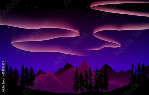 Colorful Aurora Borealis Sky Light Pine Mountain Adventure Polar Landscape Illustration
