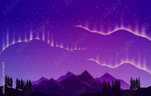Colorful Aurora Borealis Sky Light Pine Mountain Adventure Polar Landscape Illustration