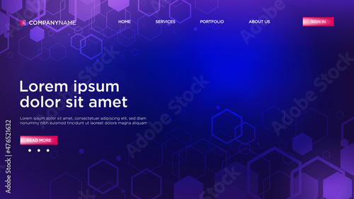 Website template design. Abstract scientific background with colorful dynamic waves, hexagonal innovation pattern. Modern landing page for websites or apps. Vector illustration