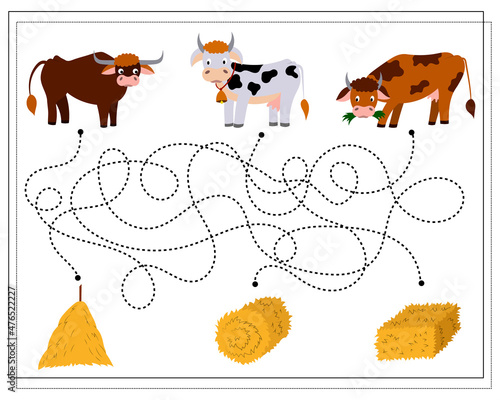 Children's logic game go through the maze. Guide the cows through the maze to the hay. Vector