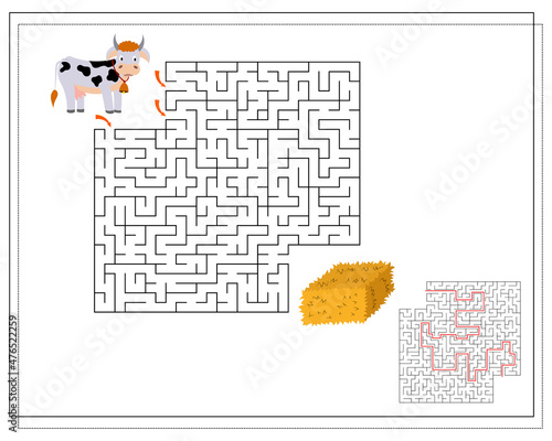 Children's logic game go through the maze. Guide the cows through the maze to the hay. Vector isolated on a white background