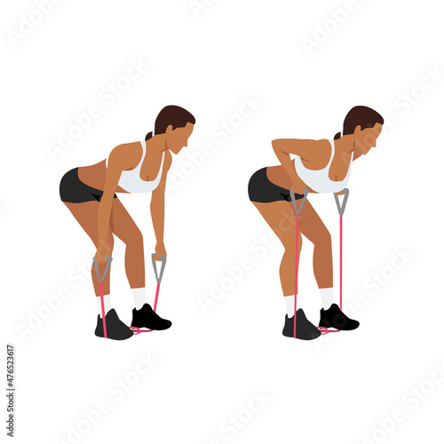 Woman doing Resistance band bent over rows exercise. Flat vector illustration isolated on white background