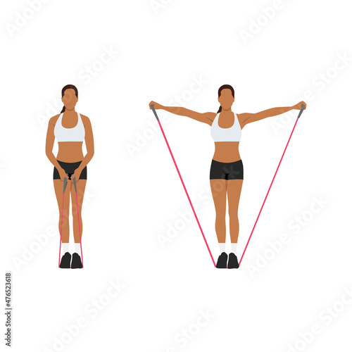 Woman doing Resistance band lateral raises. side raises exercise. Flat vector illustration isolated on white background