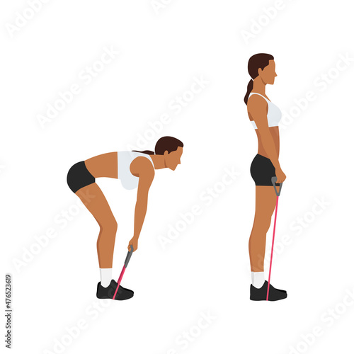 Woman doing Resistance band deadlifts exercise. Flat vector illustration isolated on white background
