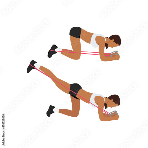 Woman doing Resistance band glute kickbacks exercise. Flat vector illustration isolated on white background