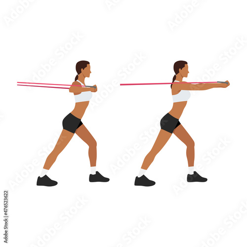Woman doing Resistance band chest press exercise. Flat vector illustration isolated on white background