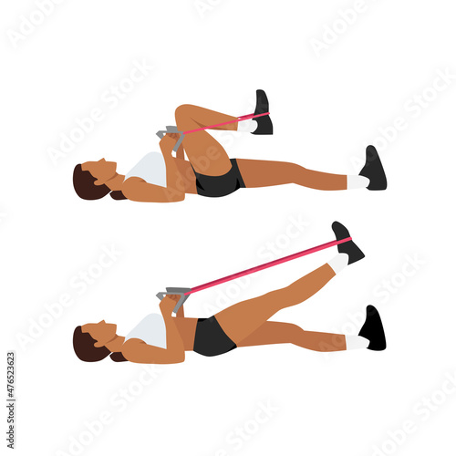Woman doing Resistance band lying leg extensions exercise. Flat vector illustration isolated on white background