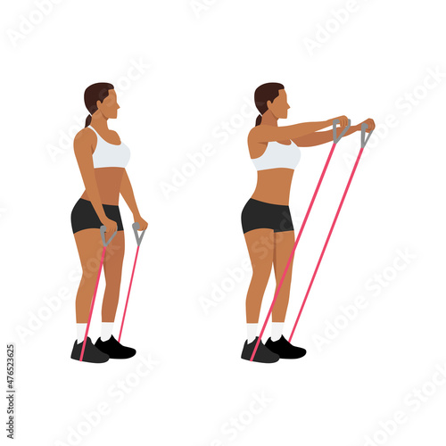 Woman doing Resistance band shoulder front raises exercise. Flat vector illustration isolated on white background