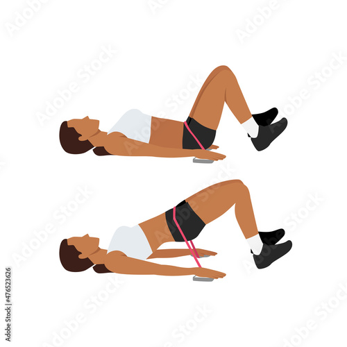 Woman doing Resistance band glute bridges exercise. Flat vector illustration isolated on white background