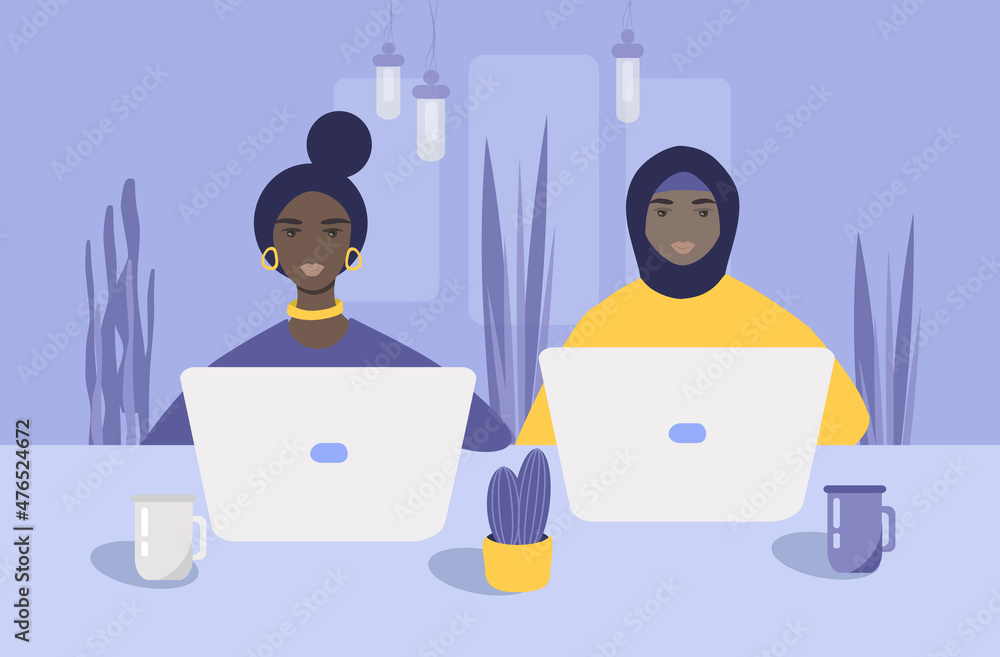 vector illustration - two dark-skinned girls, one of whom is wearing a hijab, work in the office with laptops. trend illustration in flat style