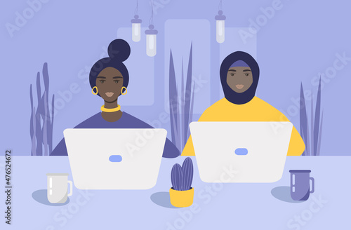 vector illustration - two dark-skinned girls, one of whom is wearing a hijab, work in the office with laptops. trend illustration in flat style