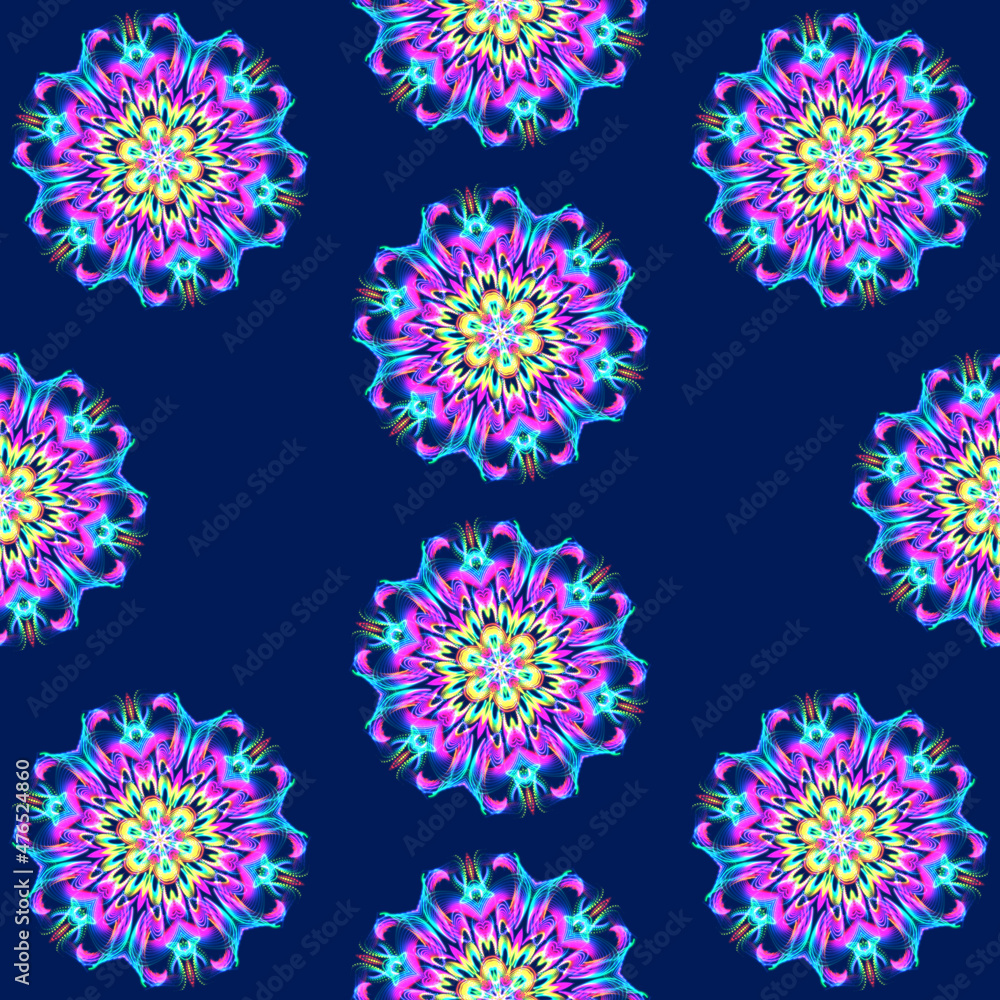 Illustration raster seamless pattern of mandalas in shiny glowing lilac color on dark blue background. High quality illustration Illustration raster seamless pattern of mandalas in shiny glowing lilac color on dark blue background. High quality illustration