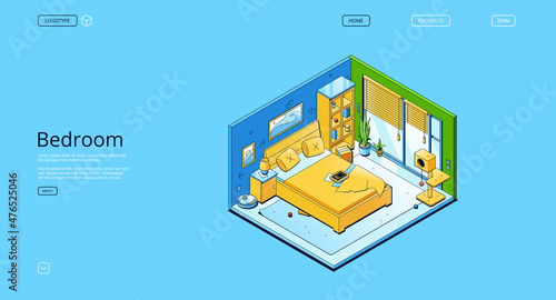 Bedroom isometric landing page, home interior with bed stand front of large windows, cat home and toys, shelves and robot vacuum cleaner. Modern apartment with furniture, 3d vector line art web banner